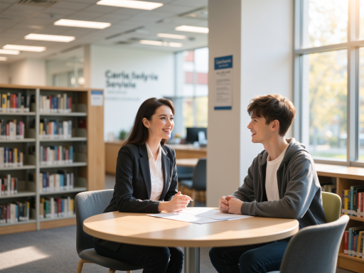 科研辅导咨询服务场景，专业导师与学生面对面交流讨论学术问题，现代办公环境，明亮自然光